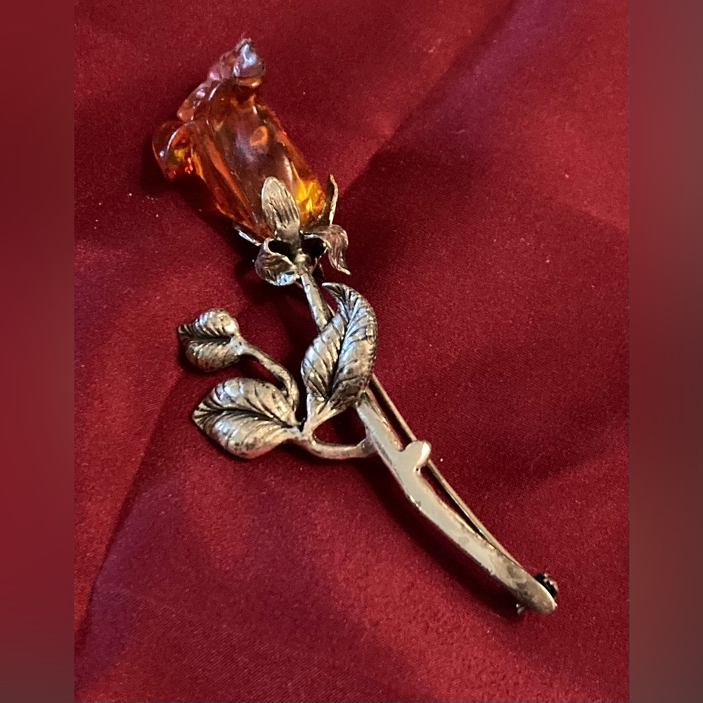 Vintage Pewter and Amber Rose Brooch Size 3.75”